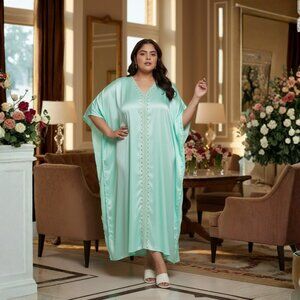 Gypsie Blu Solid Embroidery Ice Green Plus Size Satin Kaftan Dress for Women